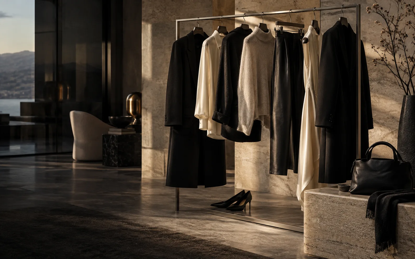 Illustrative fashion showroom in warm editorial lighting