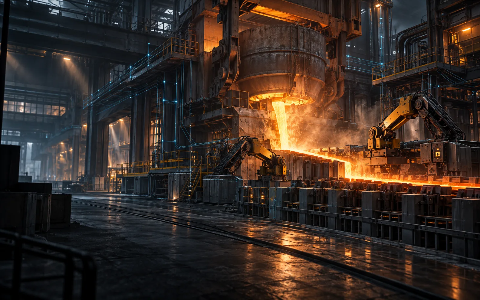 Illustrative steelworks with a glowing induction furnace
